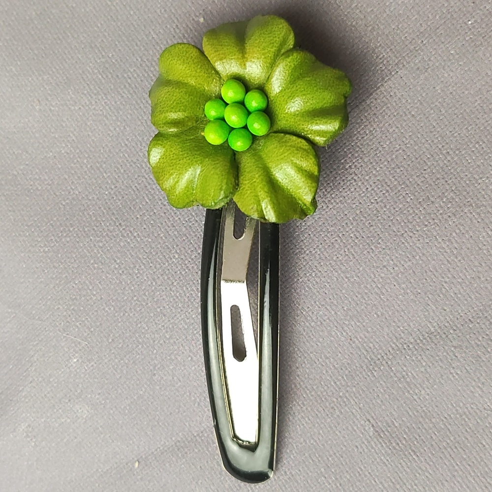 4 Green leather flower barrette hair clip homemade